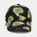 Close-up of the detailed green avocado print on the black breathable baseball cap fabric - Black All-over Avocado Style