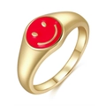 Golden signet ring with red enamel smiley face and 18K gold plating for women - US 7 / Red Smiley
