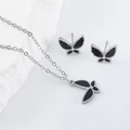Elegant silver butterfly necklace and earrings set with black inlay on white stone - Steel Color Black