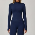 Slim fit navy blue sports jacket with full zipper and thumbhole cuffs for fitness - S / Tops / Navy Blue