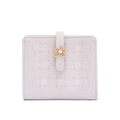 Detail view of purple mini wallet with floral print, lattice pattern and gold flower buckle - Purple