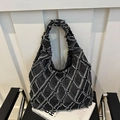 Quilted black denim tote bag with frayed edges and moon-shaped hobo design for women - Diamond Pattern Black