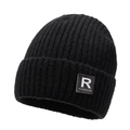 Gorro de invierno de punto acanalado negro con forro polar y parche de moda con la letra R - Negro