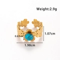 Gold stainless steel adjustable ring with flower leaves and turquoise stone inlay - Single Stone Turquoise Open Style (TR034-Blue)