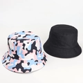 Close-up of two-piece sun hat set featuring colorful camouflage and solid black designs - M (56-58cm) / Pink Camouflage