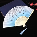 Blue gradient folding fan with flower butterfly pattern and wood carved bamboo ribs - No. 46