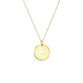 Detailed view of gold stainless steel necklace with hollow letter E round pendant - Letter E / Gold