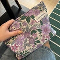 Floral makeup bag in beige jacquard with purple flower patterns and zipper closure - Purple Daisy Flower