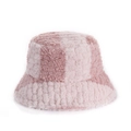 Plush pink and white checkerboard bucket hat in soft faux fur for women winter wear - M(56-58cm) / Pink Checkerboard