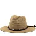 Straw sun hat with evil eye decoration and brown leather cord on white background - M (56-58cm) / Khaki