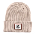 Detail of beige knit beanie showing the outdoor wildlife adventure embroidery patch - Off White