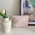 Bolsa de maquillaje acolchada rosa con lindos osos y patrones florales de algodón - Oso de Cinta Azul Acolchado