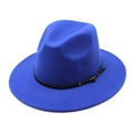 Detail of royal blue wool fedora hat featuring a black leather band and gold buckle - M (56-58cm) / Sapphire Blue