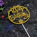 Glittering gold Happy Birthday cake topper with clover detail on black star mesh - Round Floral HB Gold