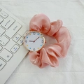 Pink ribbon scrunchie watch with colorful dial markers and golden case for women - Pink