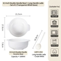 8.5 inch white ceramic soup bowl with handles and matching long spoon set - 8.5 Inch Bowl with Twisted Spoon / Transparent White Glaze