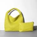 Neon yellow woven bucket bag set featuring a large tote and matching inner pouch - Fruit Green
