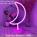 Pink moon-shaped neon light with white base for desk decor, USB and battery operated - Moon Pink Light