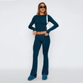 Set donna con top corto a maniche lunghe e pantaloni a zampa color ciano scuro - XS / Top E Pantaloni / Blu scuro