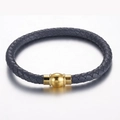 Men's woven blue leather bracelet with round golden magnetic clasp closure - Grey (KB115159-KFC)