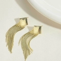 Detail of gold fringe earrings featuring a brushed square stud and elegant long chains - 14K Gold Square Tassel / Gold