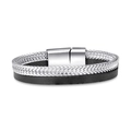 Double-layer braided metal and leather bracelet with magnetic buckle on white background - Silver