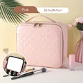Pink quilted leather makeup bag with LED mirror, size 26.5x24x11cm for travel - Diamond Pattern Girly Pink With Mirror (26.5X24X11)