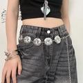 Silver Bohemian metal waist chain with textured circular discs and Y2K hanging chains - Woven Round Plate With Tassel / Silver
