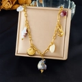 18K gold plated ocean charm necklace with ceramic tropical fish and shell pendants - Seahorse Shell Diverse Ocean Style (N3508)