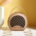 Borsa a tracolla semitonda beige con motivo a quadrifoglio d'oro e catenella - Cachi