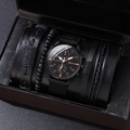 Men's business watch set with black nylon strap and four diverse braided leather bracelets - Set 4 (No Box)