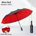 Automatic windproof wine red umbrella with 105cm double-layer fabric and black exterior - Wine Red Inner