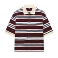 Gestreiftes Kurzarm-Poloshirt in Burgund und Hellblau mit geripptem weißem Kragen - Dunkelbraun Kontrastschlitz