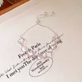 Pulsera de trébol rosa con cuentas y cadena de plata ajustable elegante - Estilo de Pendentivo de Trébol con Cordón / Pulsera-Cristal Rosa