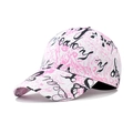 Detail of artistic graffiti baseball cap featuring pink splatter and black lettering - Adjustable / Purple