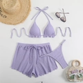Detail of light purple 3-piece bikini set with textured fabric and matching sarong - S / Purple