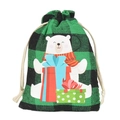 Christmas green and black plaid drawstring gift bag with cartoon white bear and gift design - Green & Black Plaid - Gift Bear