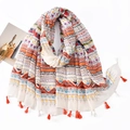Detail of bohemian scarf showing geometric patterns and colorful fringe tassels edge - Orange Purple Geometric Wave (XS006-1#)