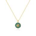 Golden sun pendant necklace with mother of pearl and turquoise inlay on white surface - Round Turquoise Sun (XXL80-6)