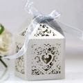 Elegant laser-cut heart candy box in pearl white paper with a matching silk ribbon bow - Silver Grey