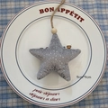 Gray plush star Christmas ornament with silver glitter and rustic twine, size 9cm x 9cm - Star - Grey