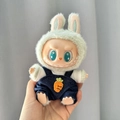 Labubu doll in green rabbit ears hat and blue denim overalls with carrot embroidery - White Carrot / First And Second Generation Keychains Are Compatible With La Cloth Dolls. Dolls Not Included.