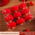 Set of 9 mini flocked red lanterns with gold trim for festive lunar new year decoration - Diameter 9cm/Height 8cm