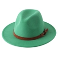 Classic green wool Fedora hat featuring a brown leather decorative belt and metal buckle - Grass Green