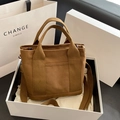 Brown canvas mini tote bag with shoulder strap and handles in an elegant gift box - Dark Brown