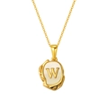 Gold plated lava shell pendant necklace featuring letter W on a white round disk - Letter W