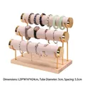Three-layer golden metal jewelry stand with beige velvet bars and wooden base - Triple Layer Gold Bangle Stand-Beige Velvet