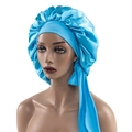 Bright blue satin bonnet with wide band and long ribbons for hair care protection - Medium / Light Blue