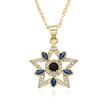 Macro detail of star pendant with black center gem and blue marquise stones - Dark Blue Star Style (F091)