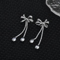 Elegant silver bow earrings with zircon micro-paving and sparkling water-drop tassels - Silver